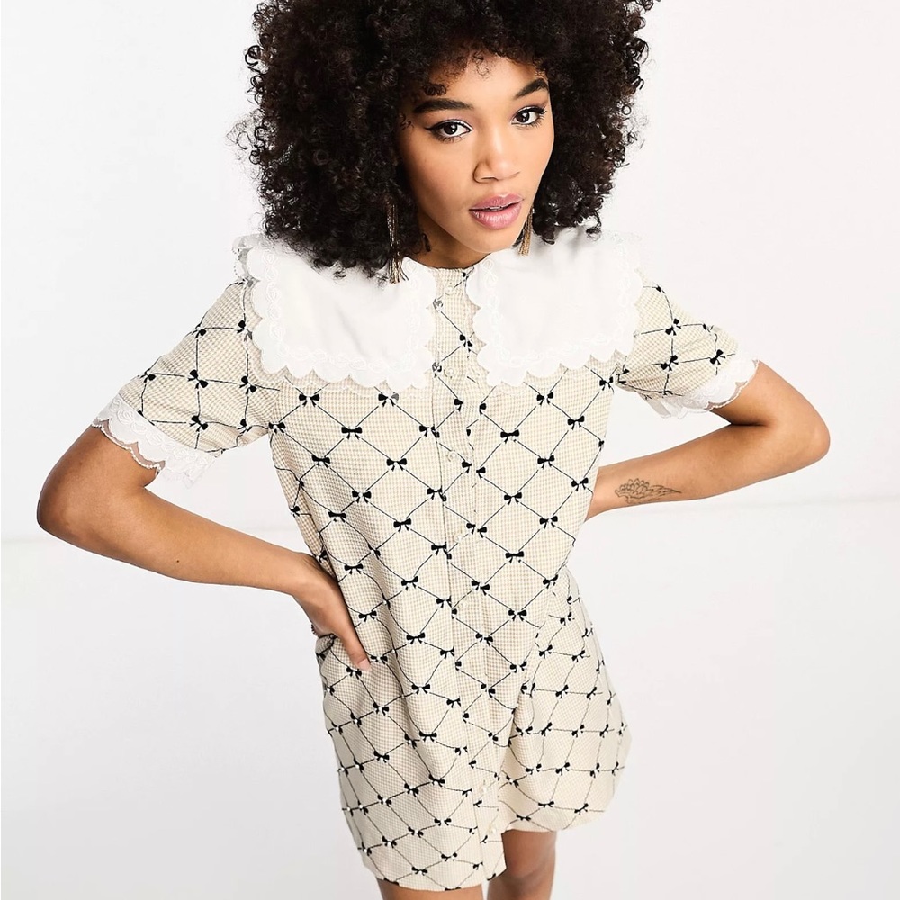 Sister Jane NWT oversized collar pearl mini dress in tan print was $180